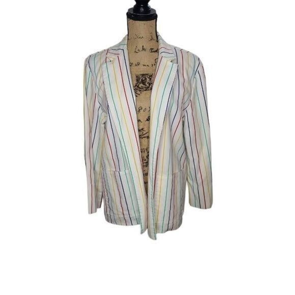 Vintage 70s White Blazer Green Yellow Red Stripes Size Large - Picture 1 of 12